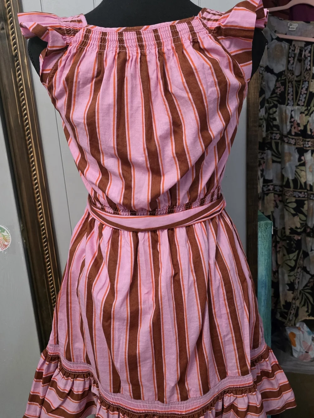 kate spade Pink and Brown Striped Midi Dress with Tie Waist and Ruffled Hem